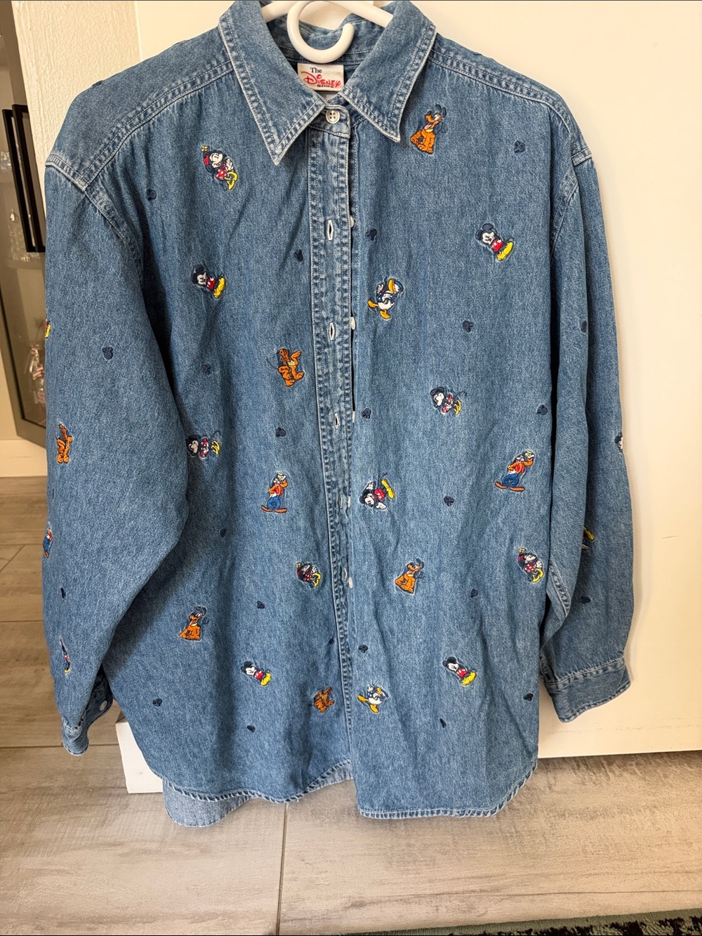 Vintage XL Mickey Disney Embroidered Denim Button-Up Shirt - Blue